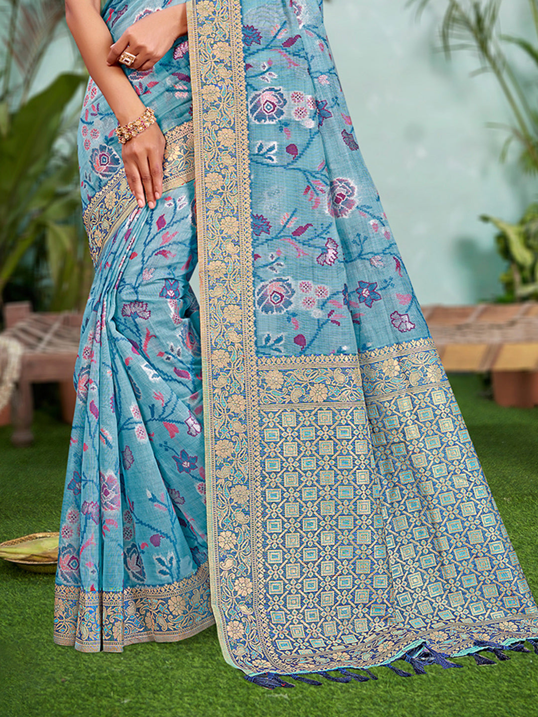 Sangam Prints Sky Blue  Cotton Silk With Meena Woven Work Traditional Saree | Grocsy