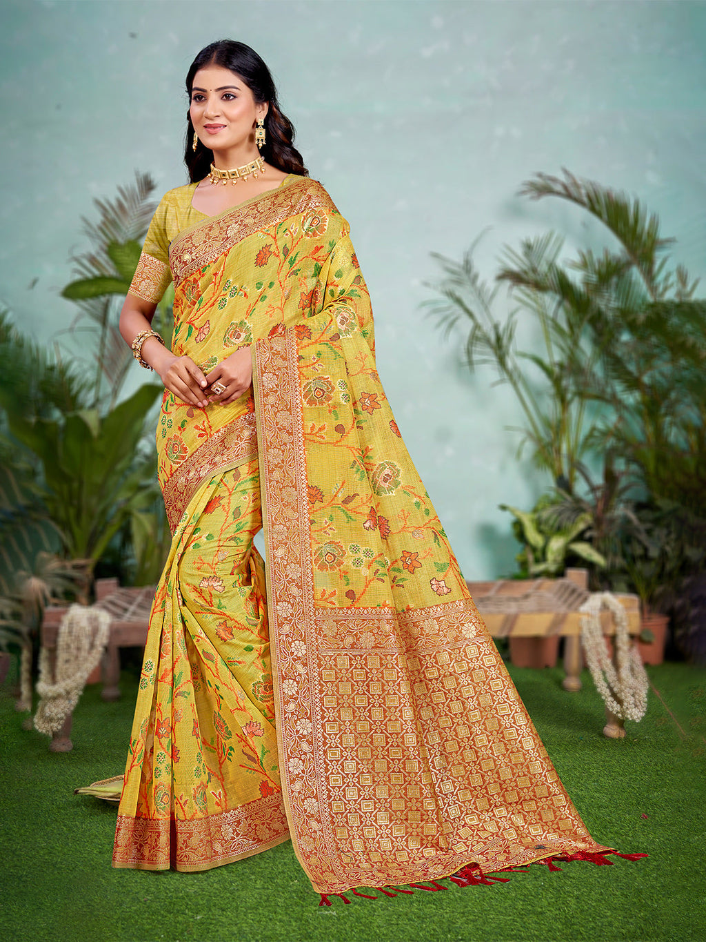 Sangam Prints Yellow Cotton Silk With Meena Woven Work Traditional Saree | Grocsy