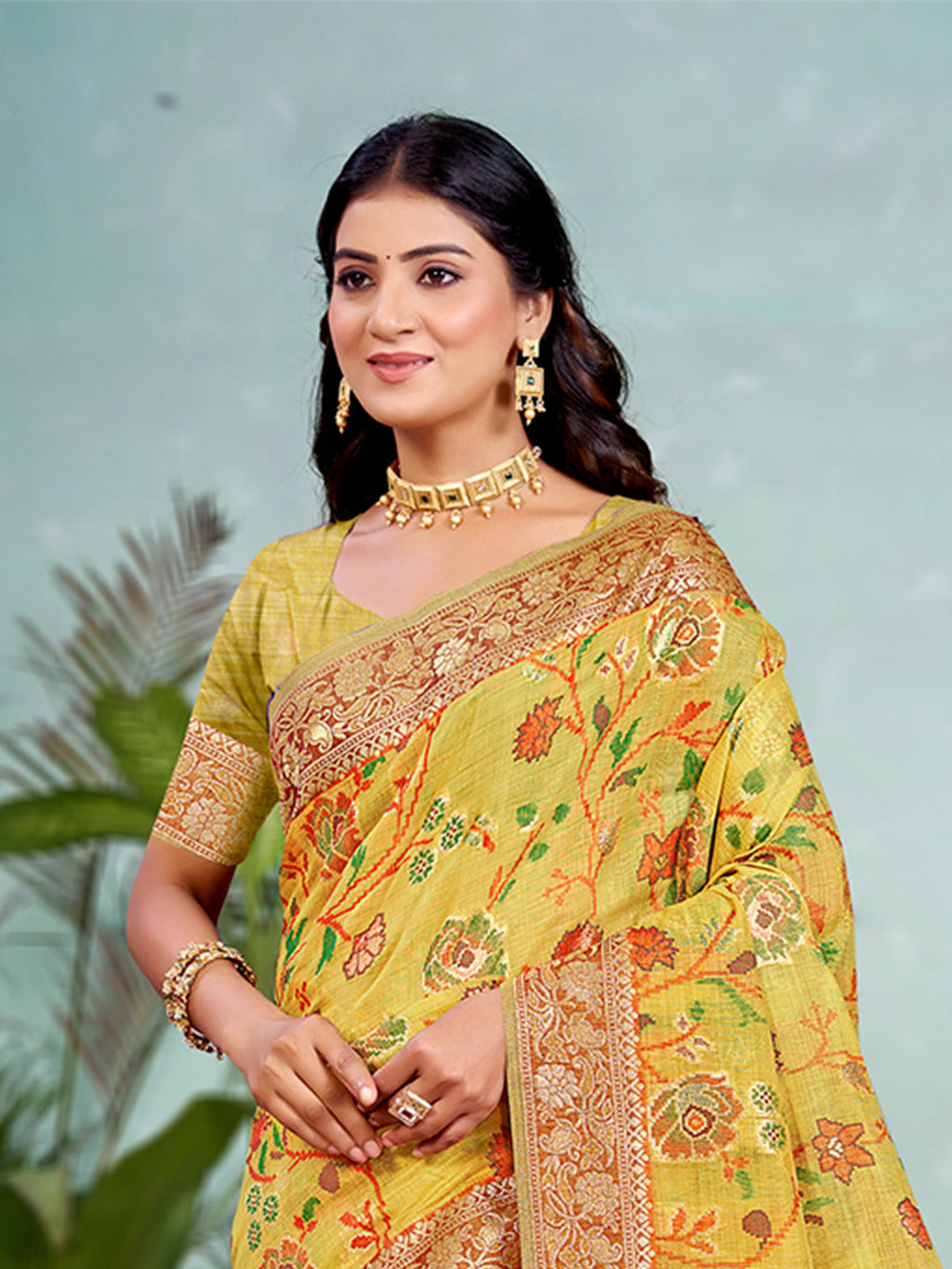 Sangam Prints Yellow Cotton Silk With Meena Woven Work Traditional Saree | Grocsy