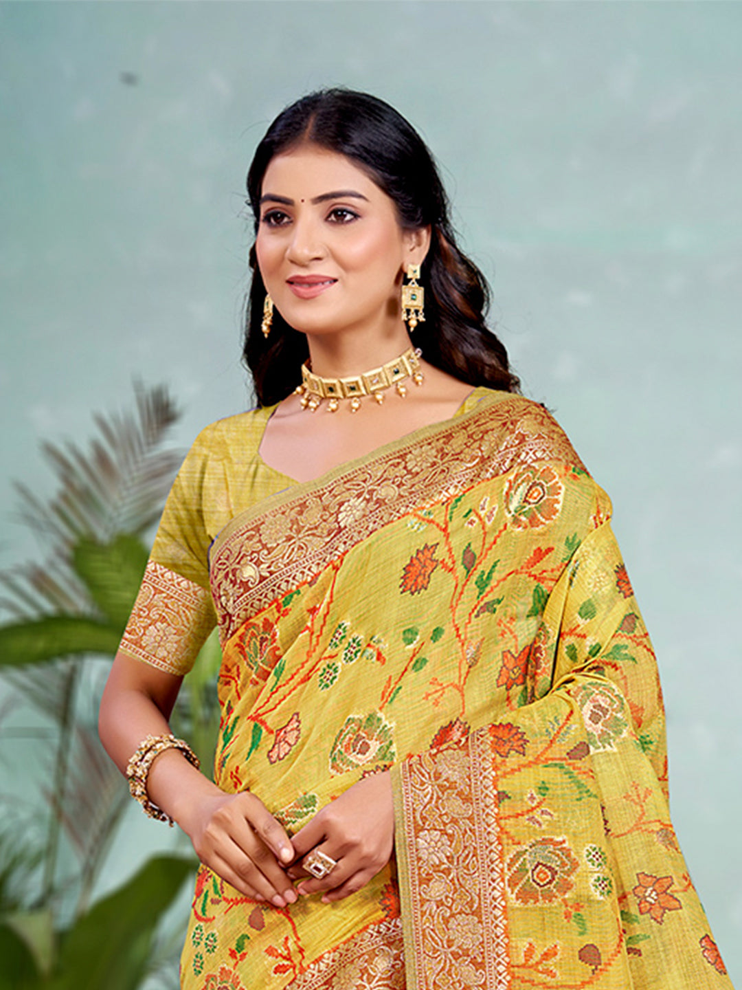 Sangam Prints Yellow Cotton Silk With Meena Woven Work Traditional Saree | Grocsy