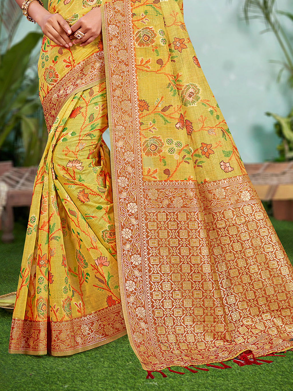 Sangam Prints Yellow Cotton Silk With Meena Woven Work Traditional Saree | Grocsy
