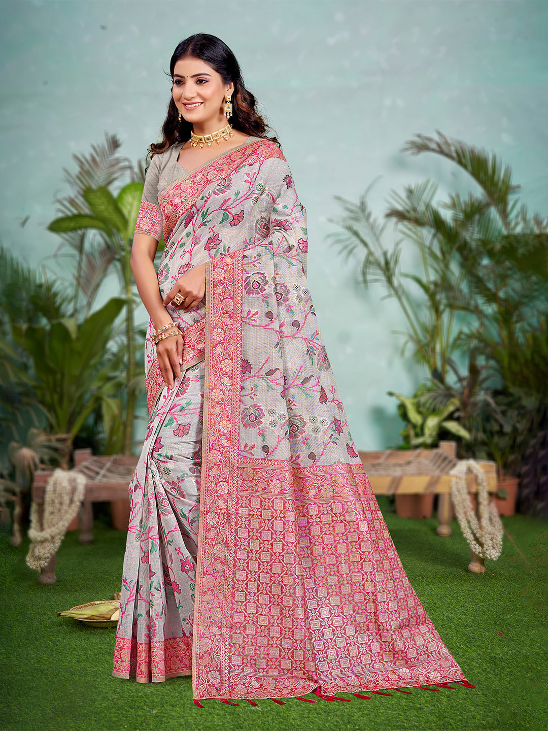 Sangam Prints Gray Cotton Silk With Meena Woven Work Traditional Saree | Grocsy