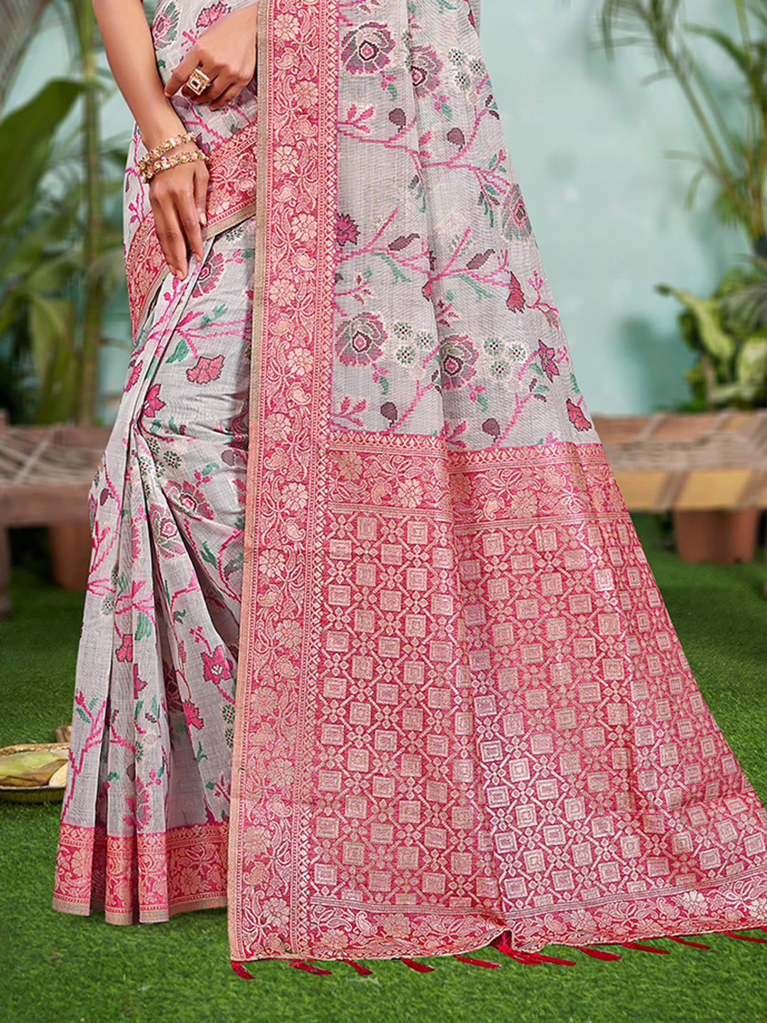 Sangam Prints Gray Cotton Silk With Meena Woven Work Traditional Saree | Grocsy