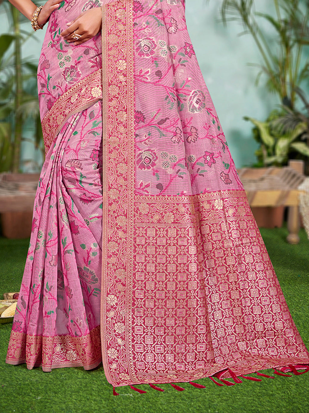 Sangam Prints Pink Cotton Silk With Meena Woven Work Traditional Saree | Grocsy