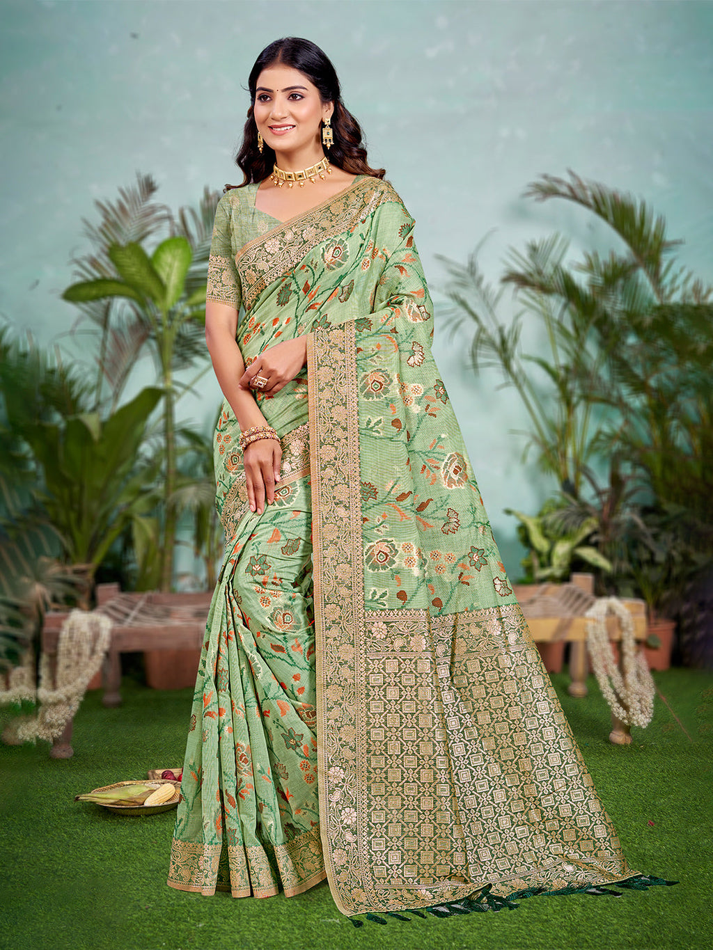 Sangam Prints Light Green Cotton Silk With Meena Woven Work Traditional Saree | Grocsy