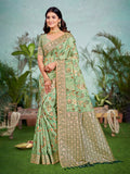 Sangam Prints Light Green Cotton Silk With Meena Woven Work Traditional Saree | Grocsy