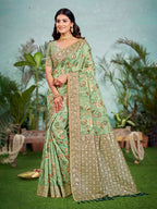 Sangam Prints Light Green Cotton Silk With Meena Woven Work Traditional Saree | Grocsy