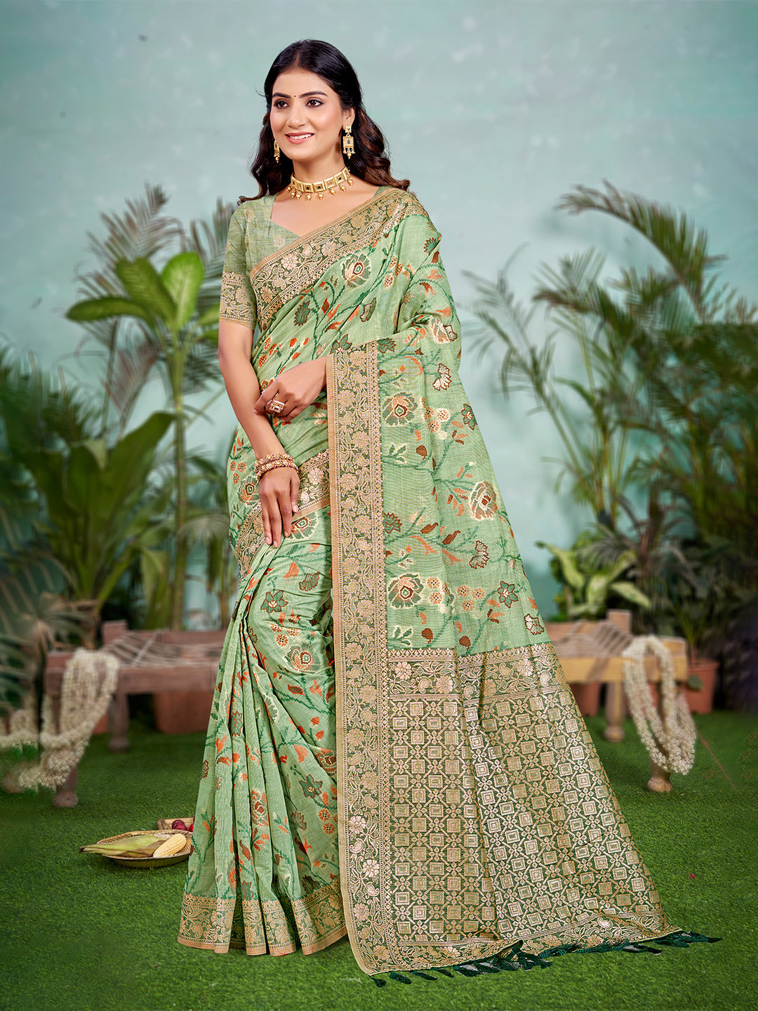 Sangam Prints Light Green Cotton Silk With Meena Woven Work Traditional Saree | Grocsy