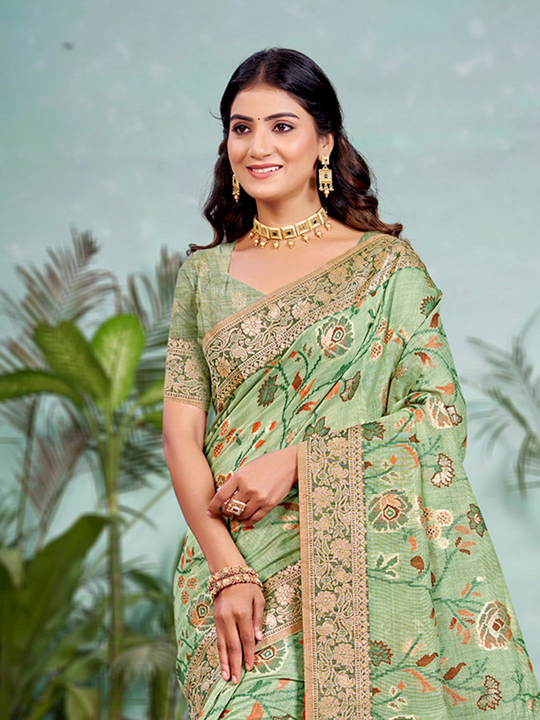 Sangam Prints Light Green Cotton Silk With Meena Woven Work Traditional Saree | Grocsy