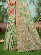 Sangam Prints Light Green Cotton Silk With Meena Woven Work Traditional Saree | Grocsy
