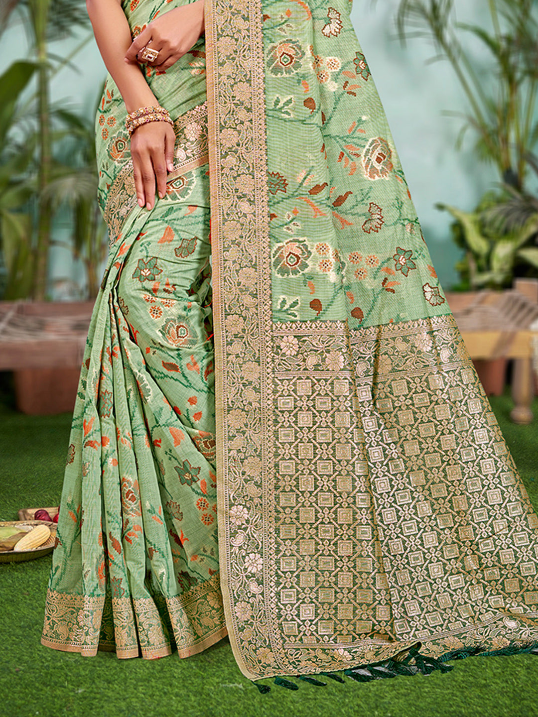 Sangam Prints Light Green Cotton Silk With Meena Woven Work Traditional Saree | Grocsy