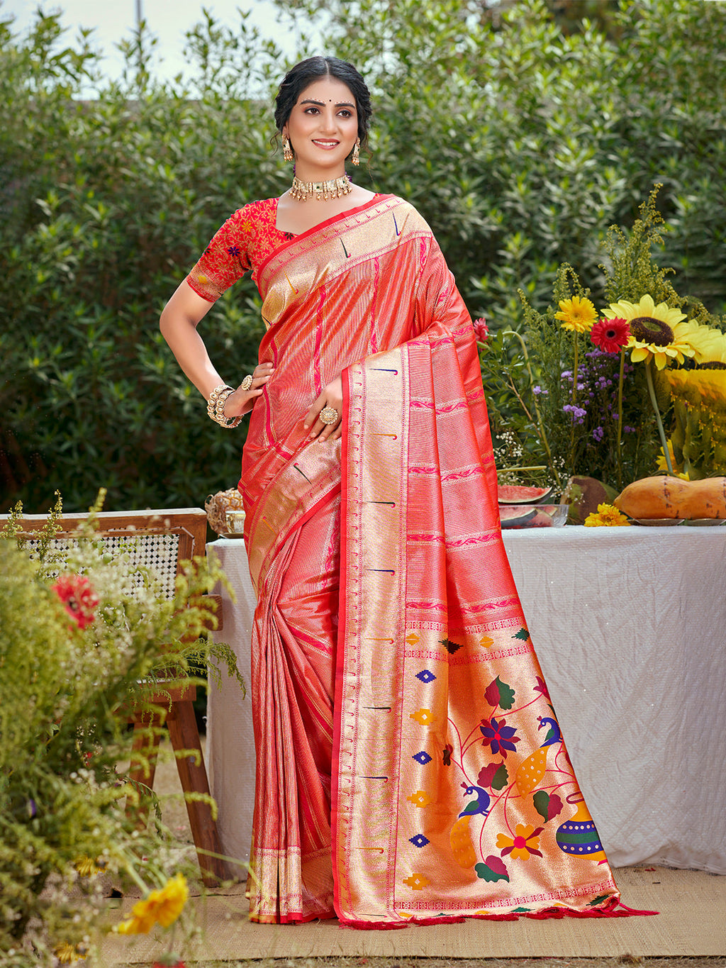 Sangam Prints Coral Pink Silk Woven Work Traditional Saree | Grocsy