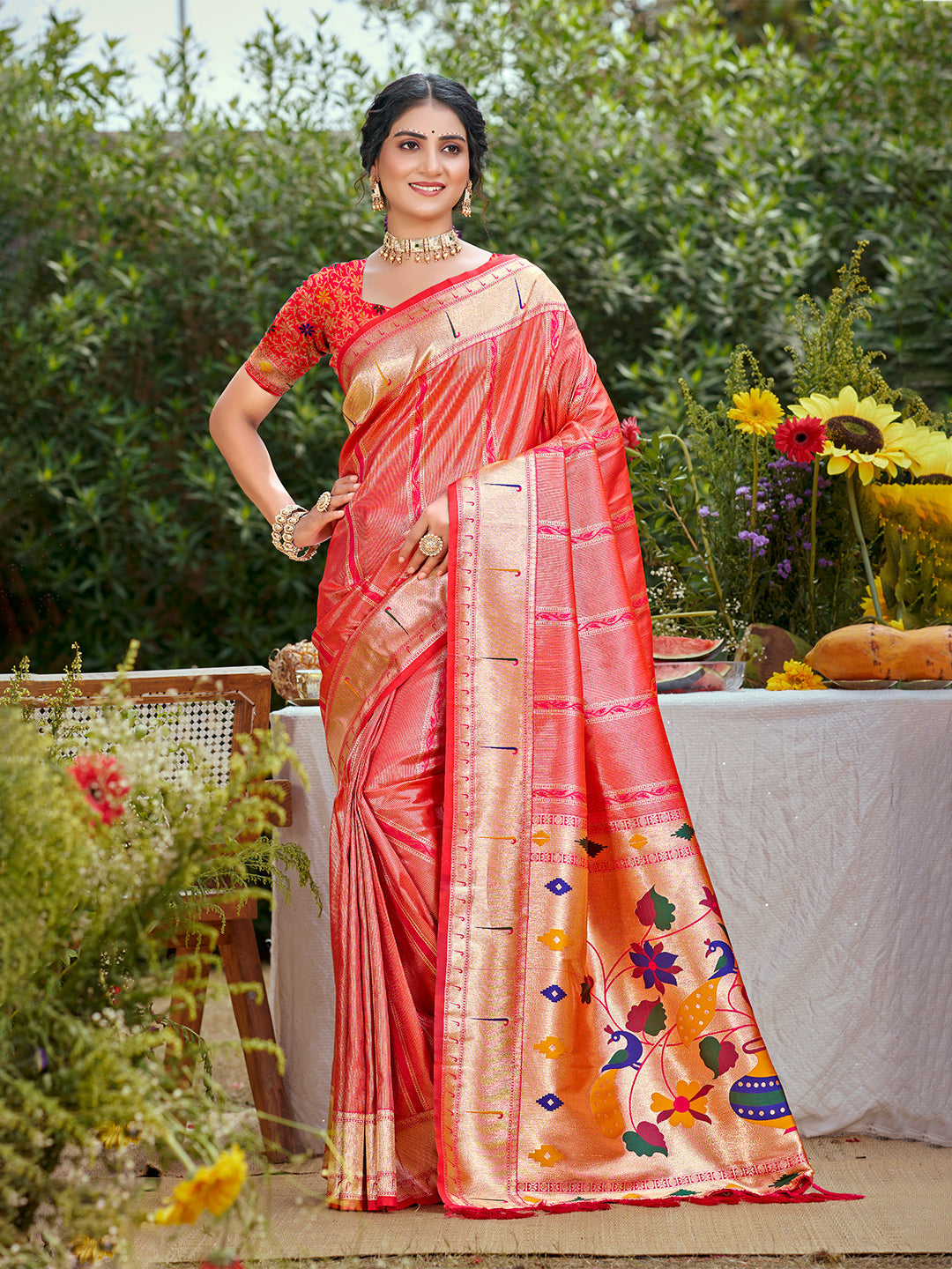 Sangam Prints Coral Pink Silk Woven Work Traditional Saree | Grocsy