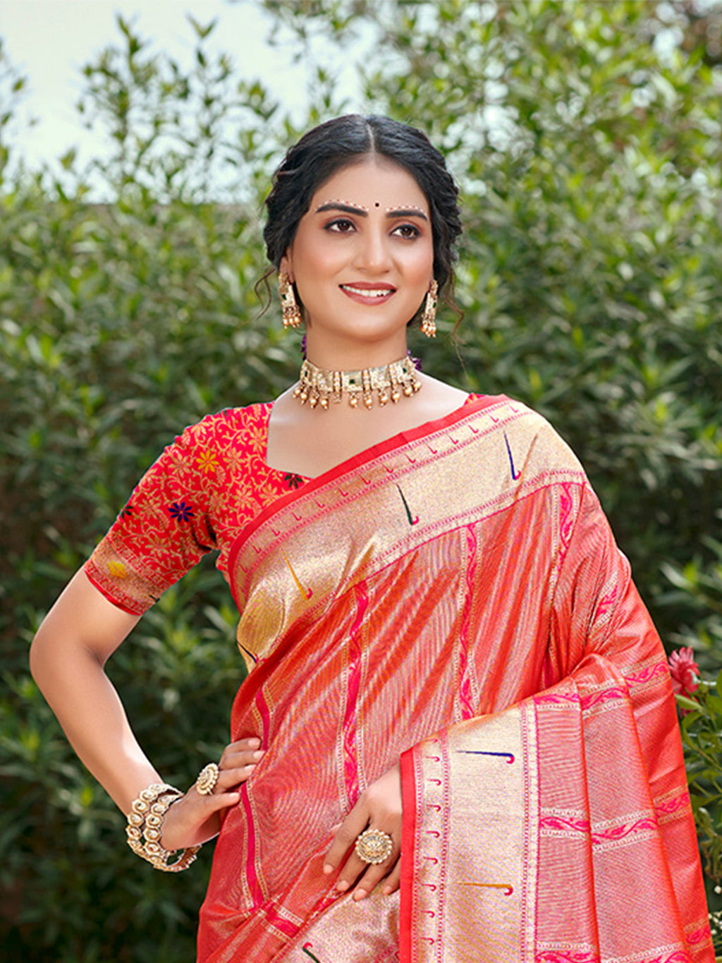 Sangam Prints Coral Pink Silk Woven Work Traditional Saree | Grocsy