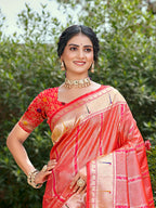 Sangam Prints Coral Pink Silk Woven Work Traditional Saree | Grocsy