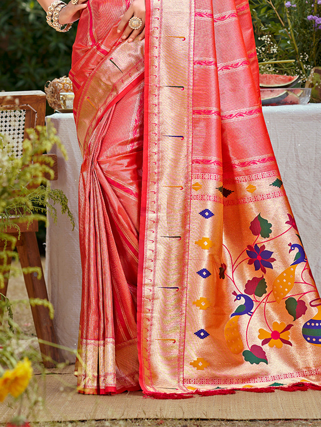 Sangam Prints Coral Pink Silk Woven Work Traditional Saree | Grocsy