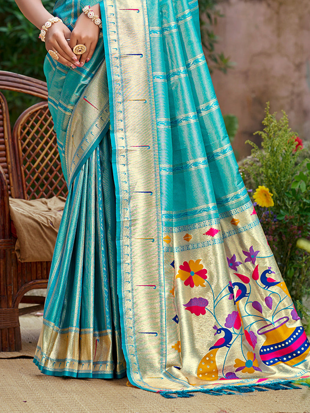 Sangam Prints Teal Green  Silk Woven Work Traditional Saree | Grocsy