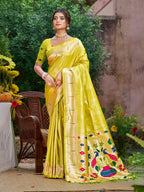 Sangam Prints Lemon Yellow Silk Woven Work Traditional Saree | Grocsy