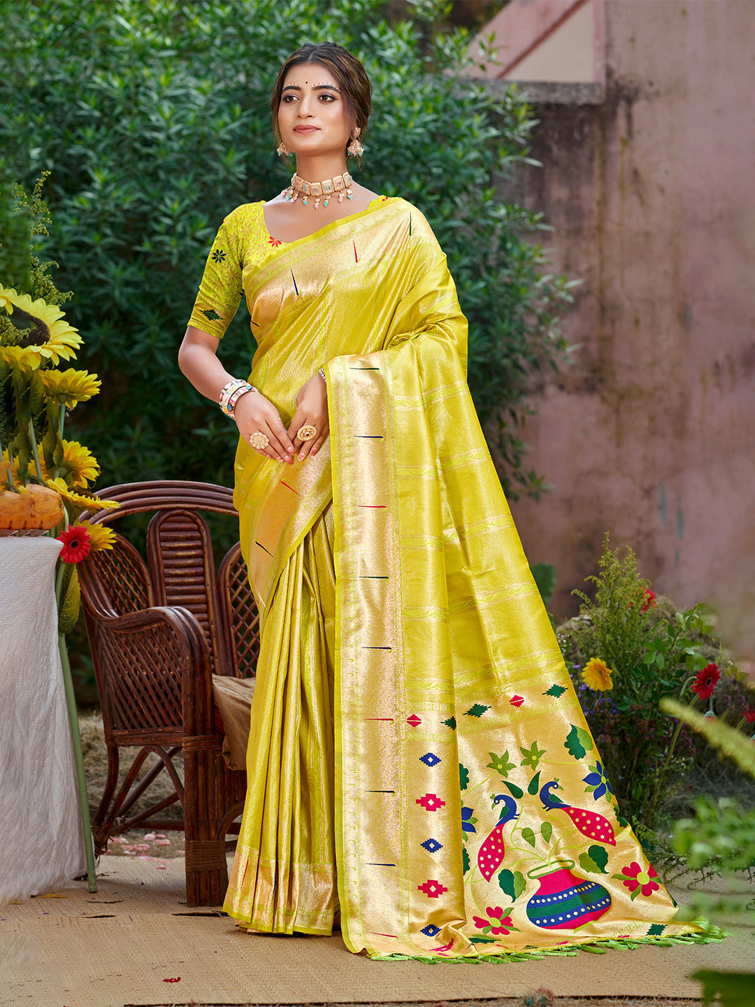 Sangam Prints Lemon Yellow Silk Woven Work Traditional Saree | Grocsy