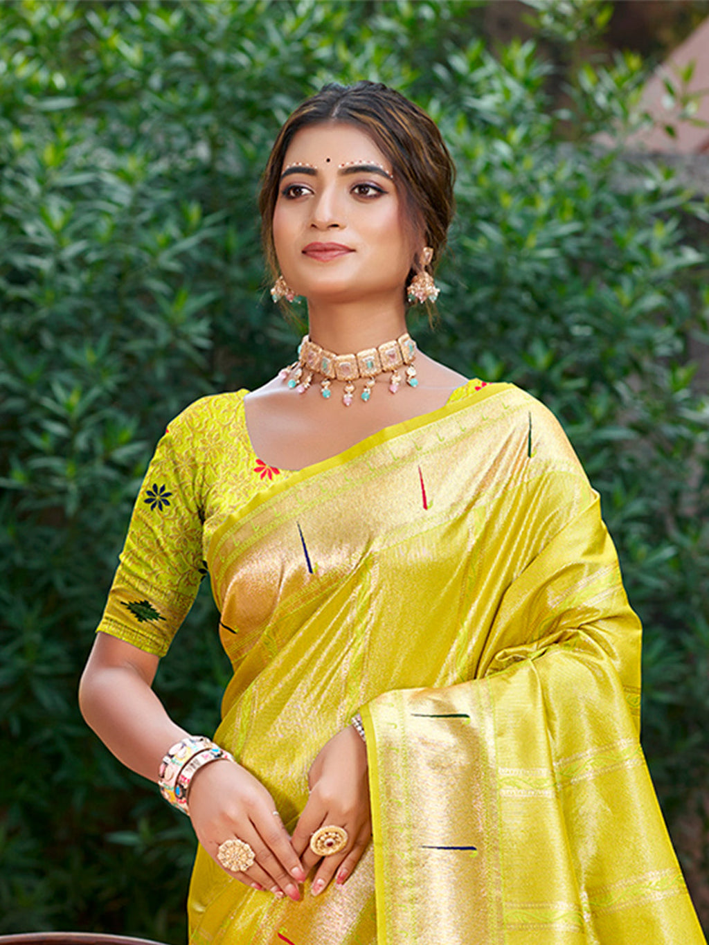 Sangam Prints Lemon Yellow Silk Woven Work Traditional Saree | Grocsy