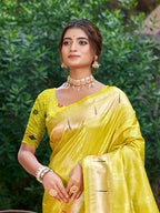 Sangam Prints Lemon Yellow Silk Woven Work Traditional Saree | Grocsy