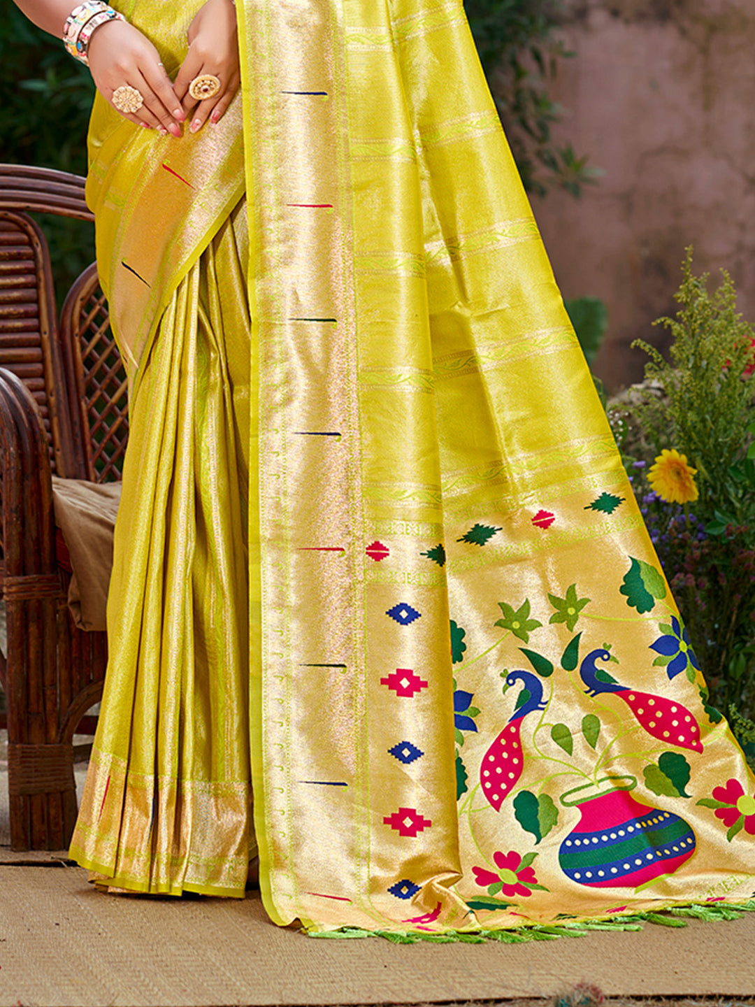Sangam Prints Lemon Yellow Silk Woven Work Traditional Saree | Grocsy
