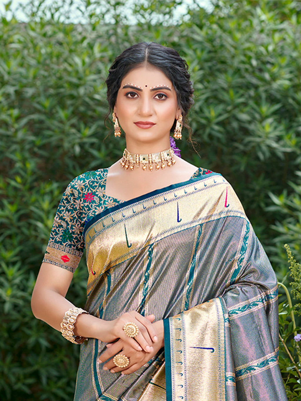 Sangam Prints Gray Silk Woven Work Traditional Saree | Grocsy