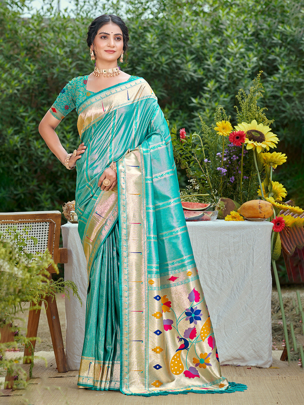 Sangam Prints Teal Blue Silk Woven Work Traditional Saree | Grocsy