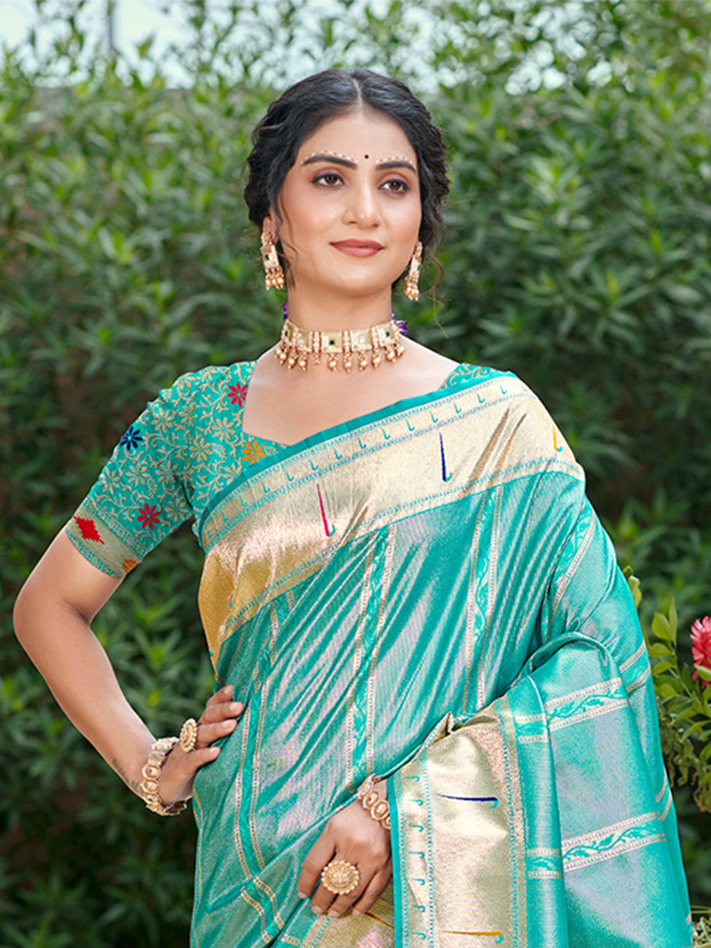Sangam Prints Teal Blue Silk Woven Work Traditional Saree | Grocsy