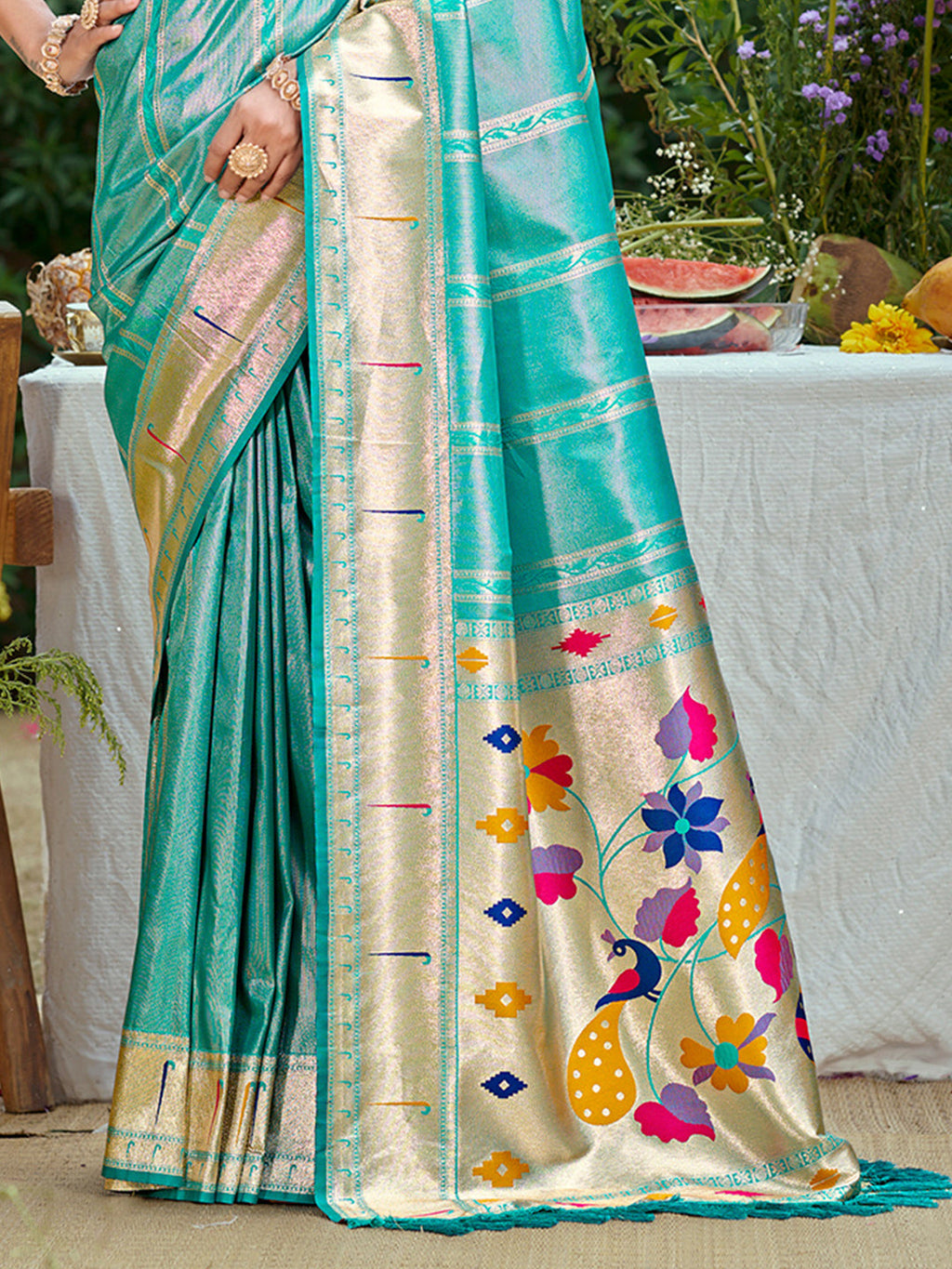 Sangam Prints Teal Blue Silk Woven Work Traditional Saree | Grocsy