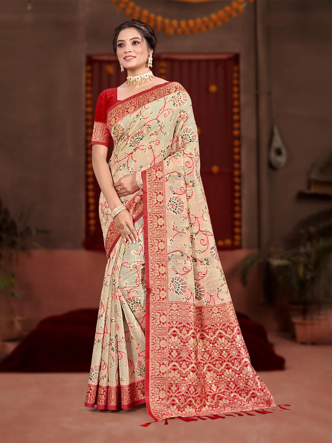 Sangam Prints Cream Cotton Silk With Meena Woven Work Traditional Saree | Grocsy