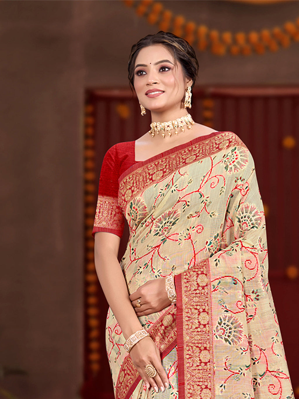 Sangam Prints Cream Cotton Silk With Meena Woven Work Traditional Saree | Grocsy