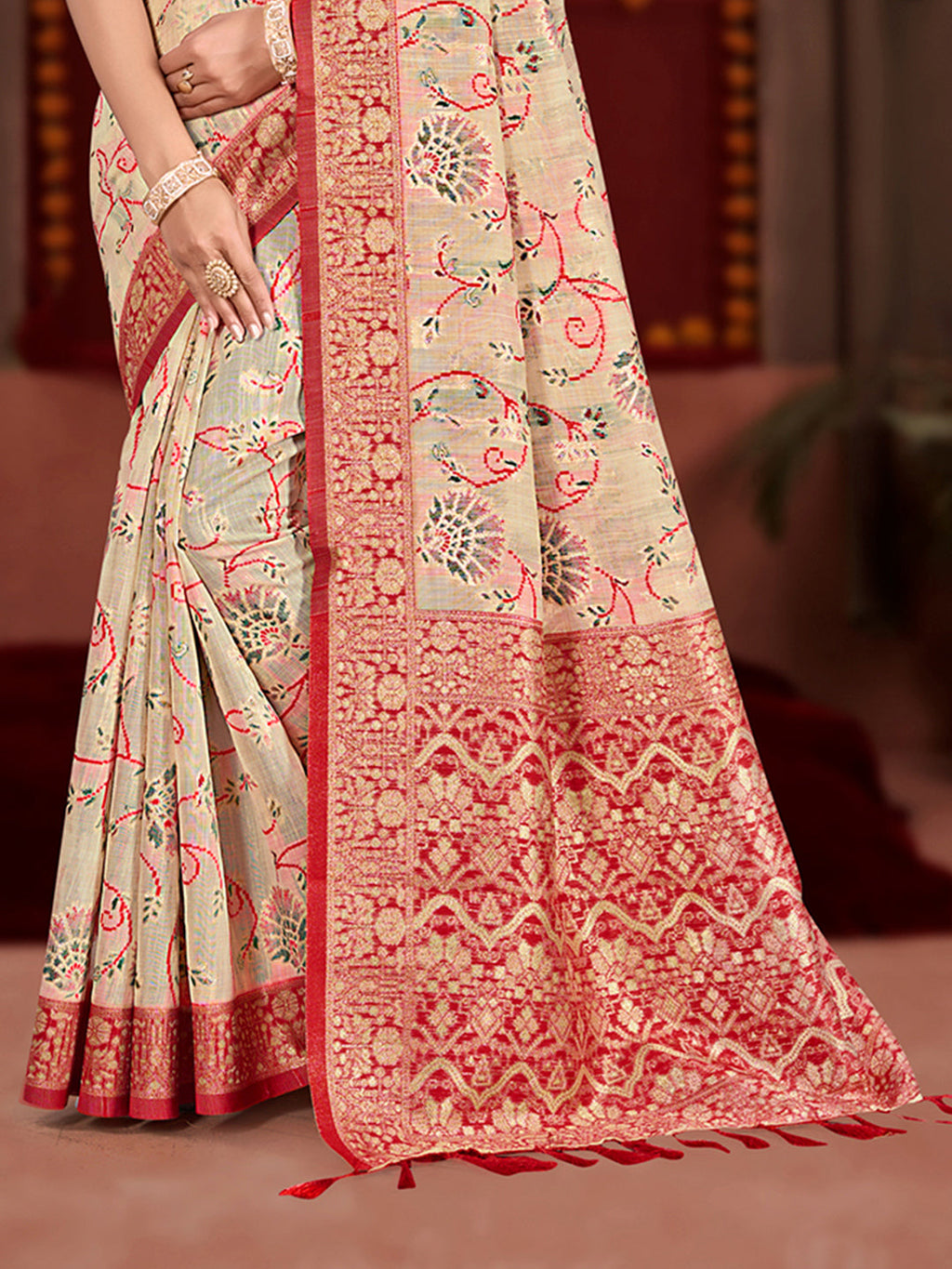 Sangam Prints Cream Cotton Silk With Meena Woven Work Traditional Saree | Grocsy