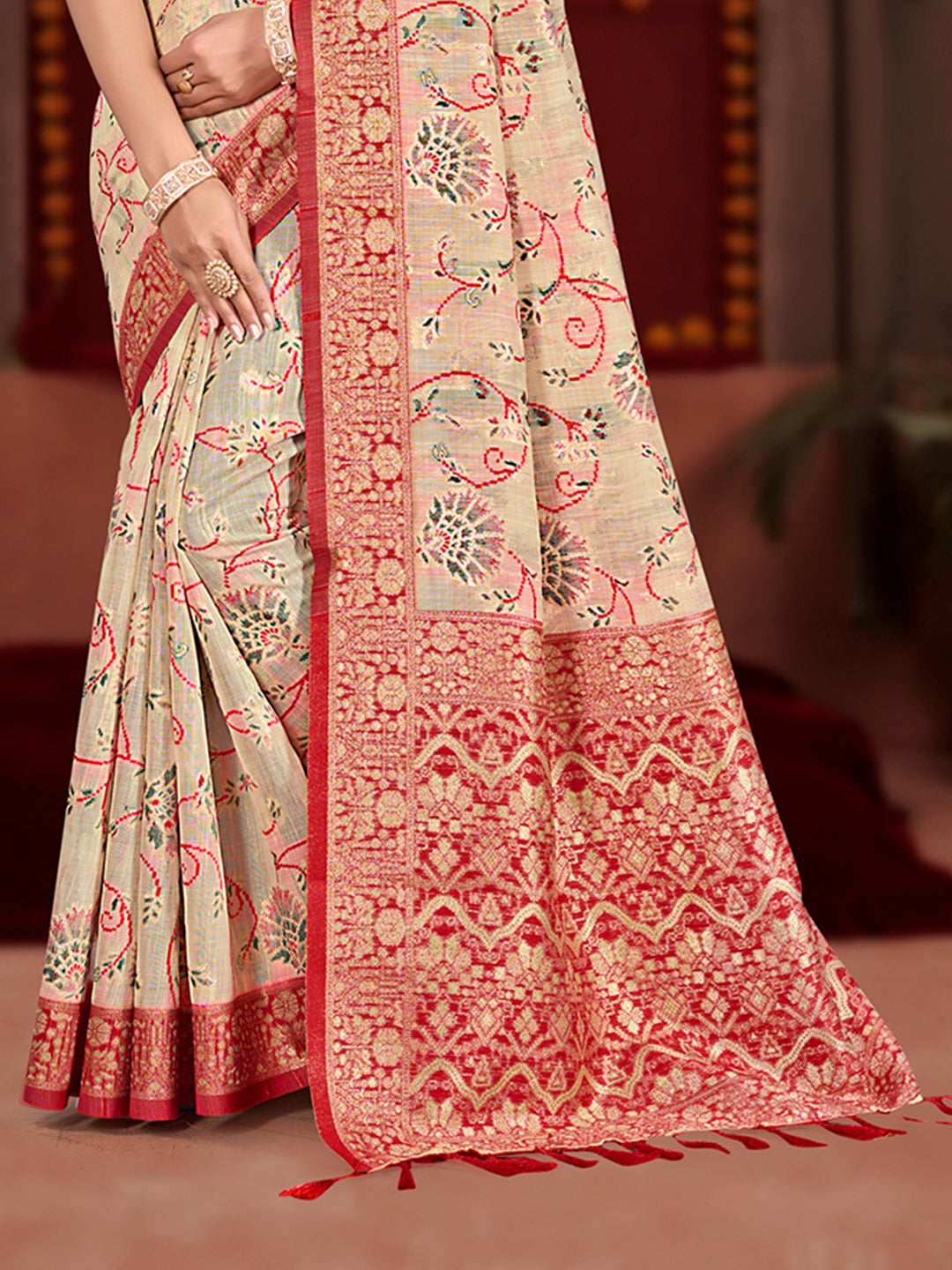 Sangam Prints Cream Cotton Silk With Meena Woven Work Traditional Saree | Grocsy