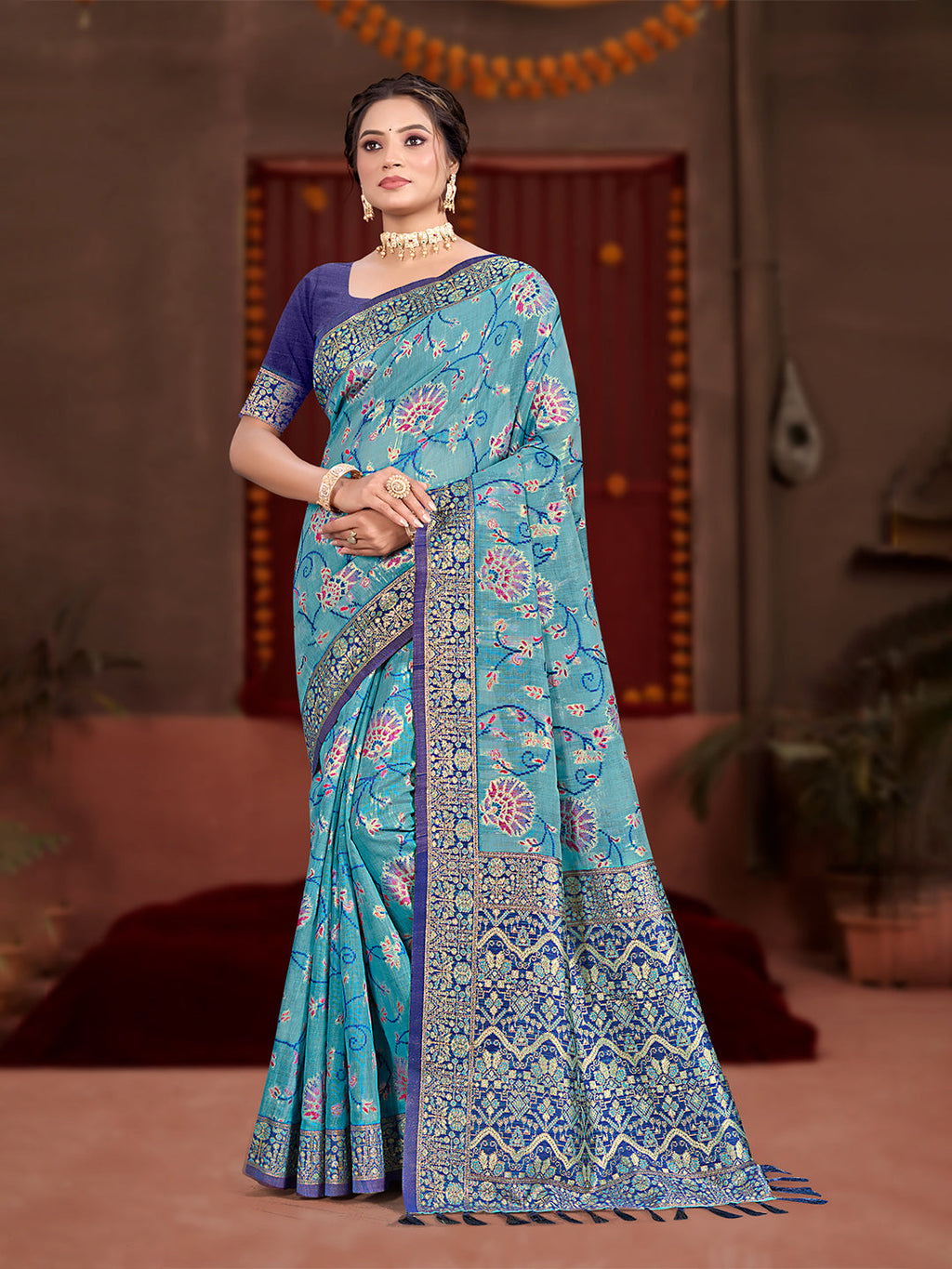 Sangam Prints Sky Blue Cotton Silk With Meena Woven Work Traditional Saree | Grocsy