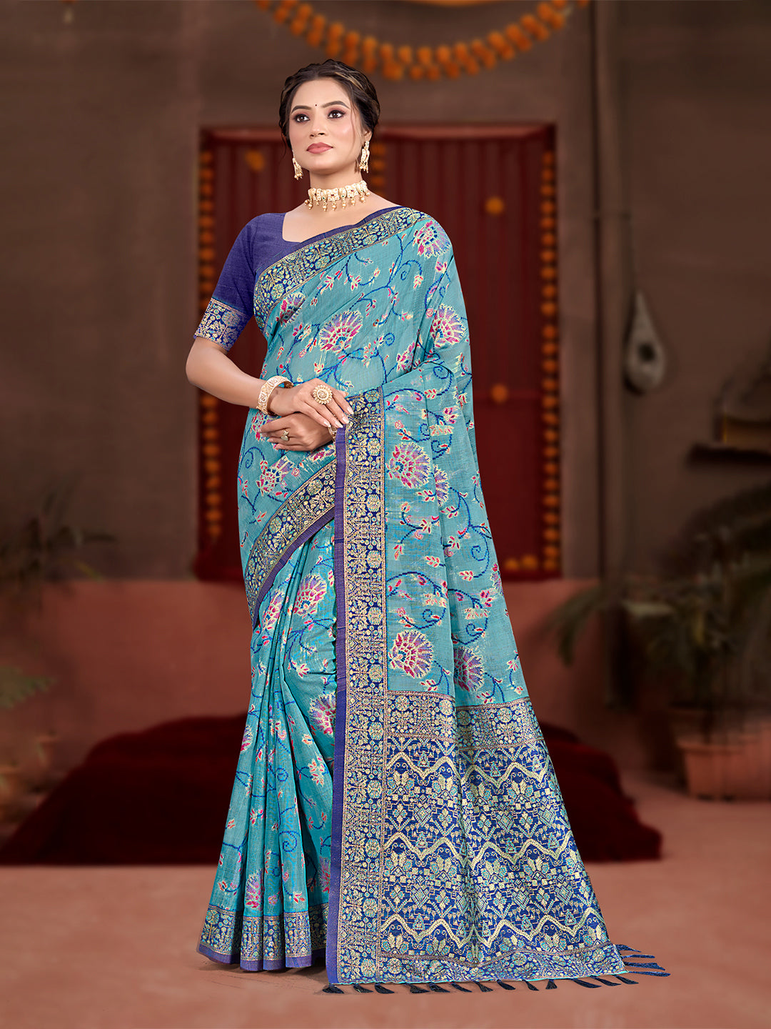 Sangam Prints Sky Blue Cotton Silk With Meena Woven Work Traditional Saree | Grocsy