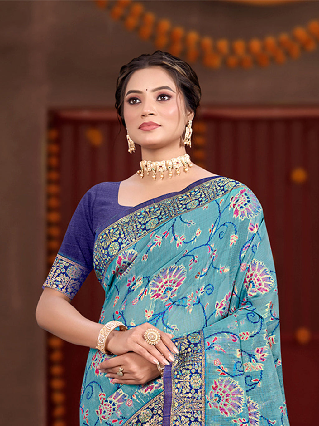 Sangam Prints Sky Blue Cotton Silk With Meena Woven Work Traditional Saree | Grocsy