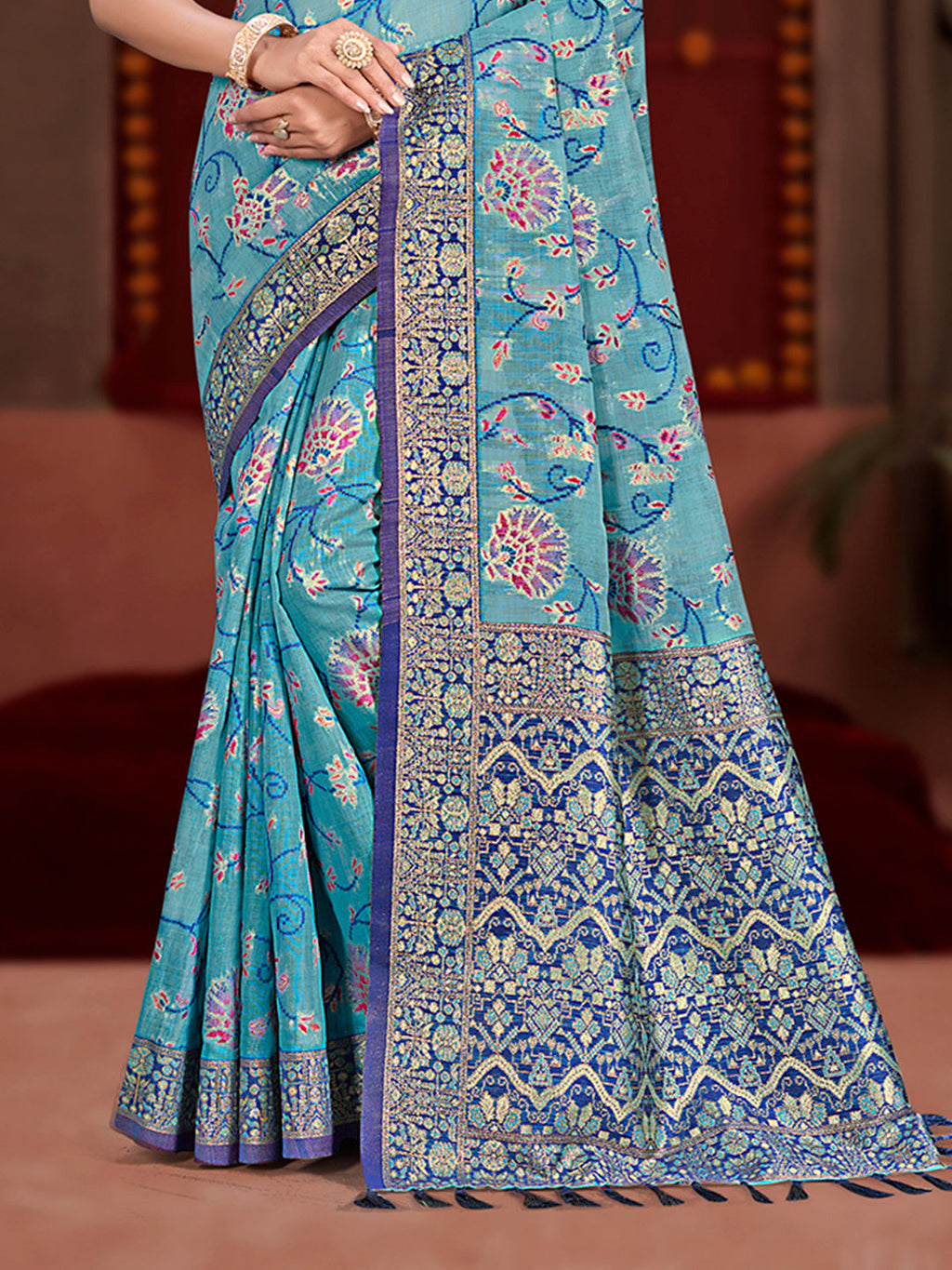 Sangam Prints Sky Blue Cotton Silk With Meena Woven Work Traditional Saree | Grocsy