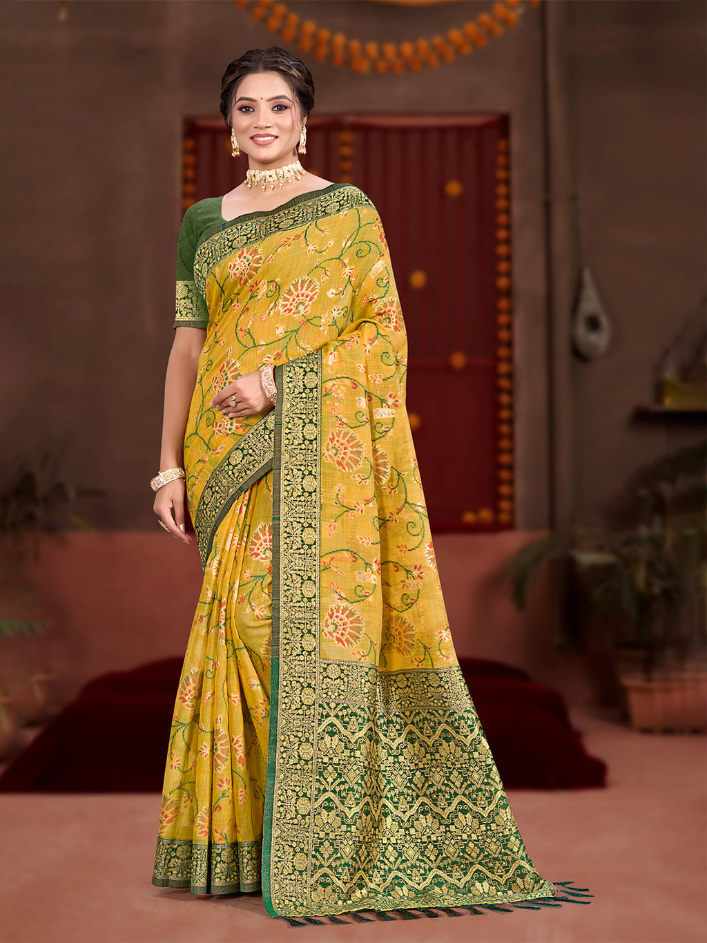 Sangam Prints Yellow Cotton Silk With Meena Woven Work Traditional Saree | Grocsy