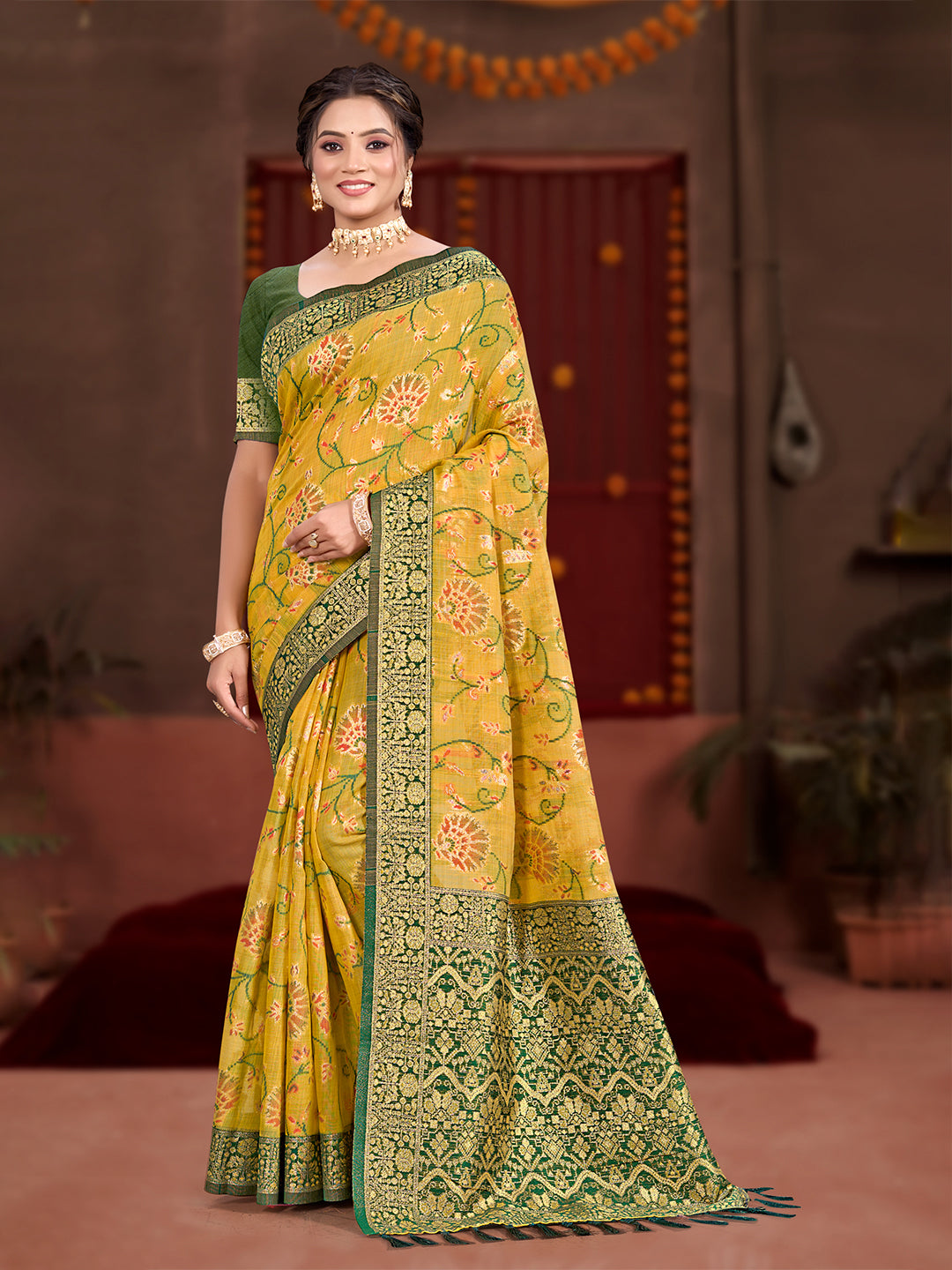 Sangam Prints Yellow Cotton Silk With Meena Woven Work Traditional Saree | Grocsy