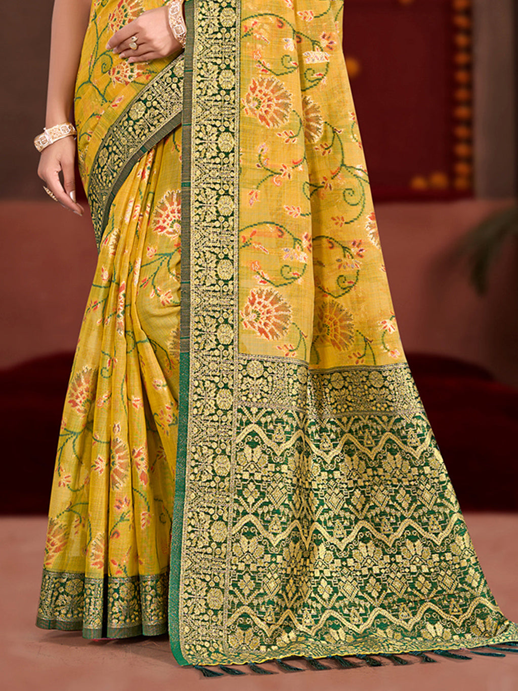 Sangam Prints Yellow Cotton Silk With Meena Woven Work Traditional Saree | Grocsy