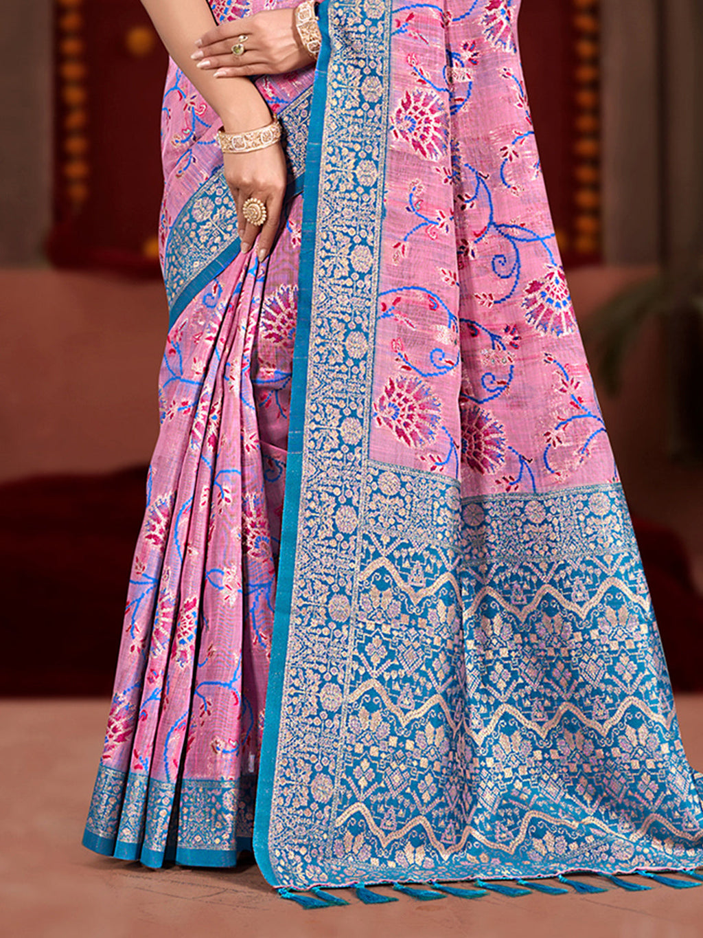 Sangam Prints Pink Cotton Silk With Meena Woven Work Traditional Saree | Grocsy