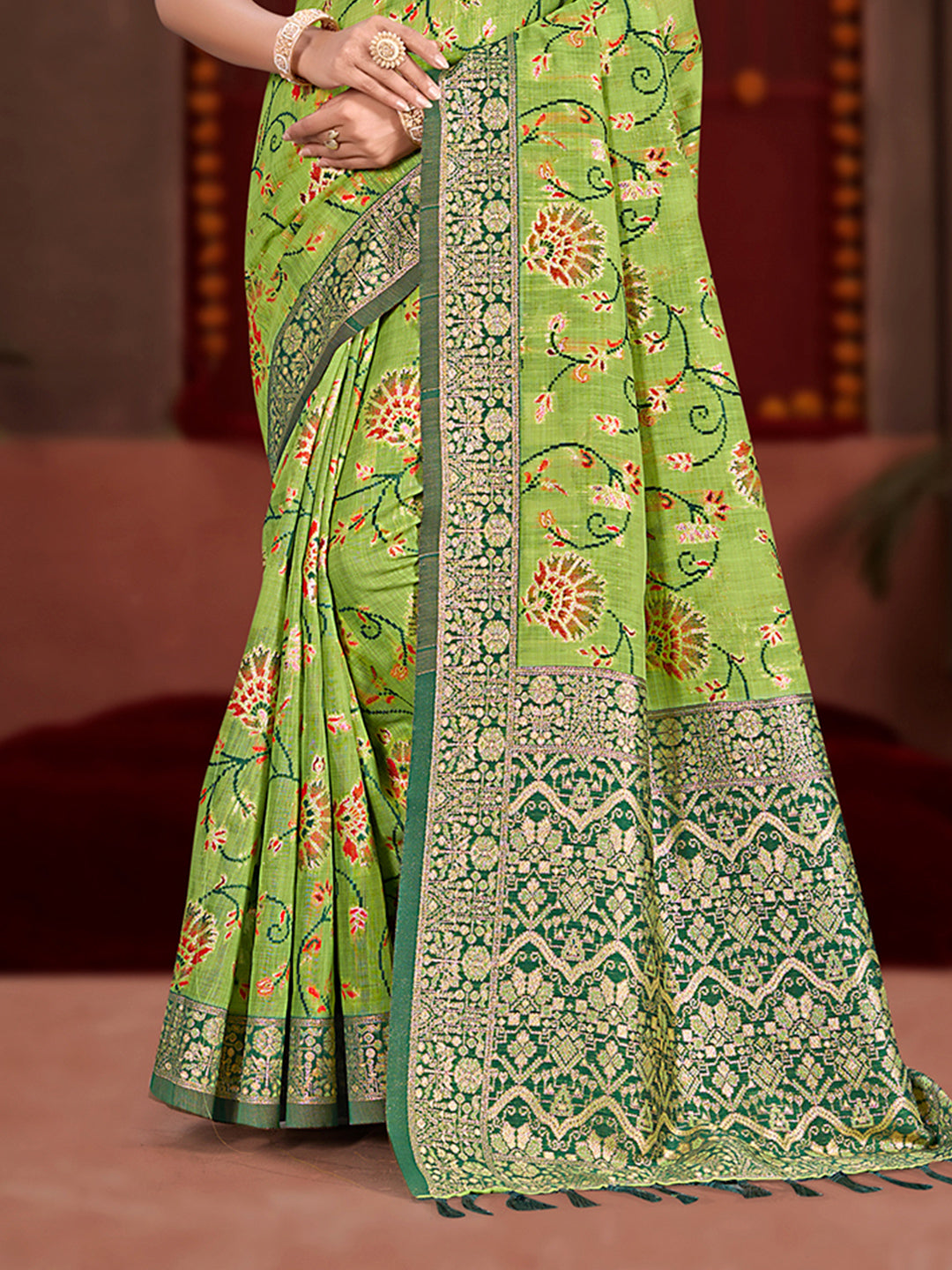 Sangam Prints Green Cotton Silk With Meena Woven Work Traditional Saree | Grocsy
