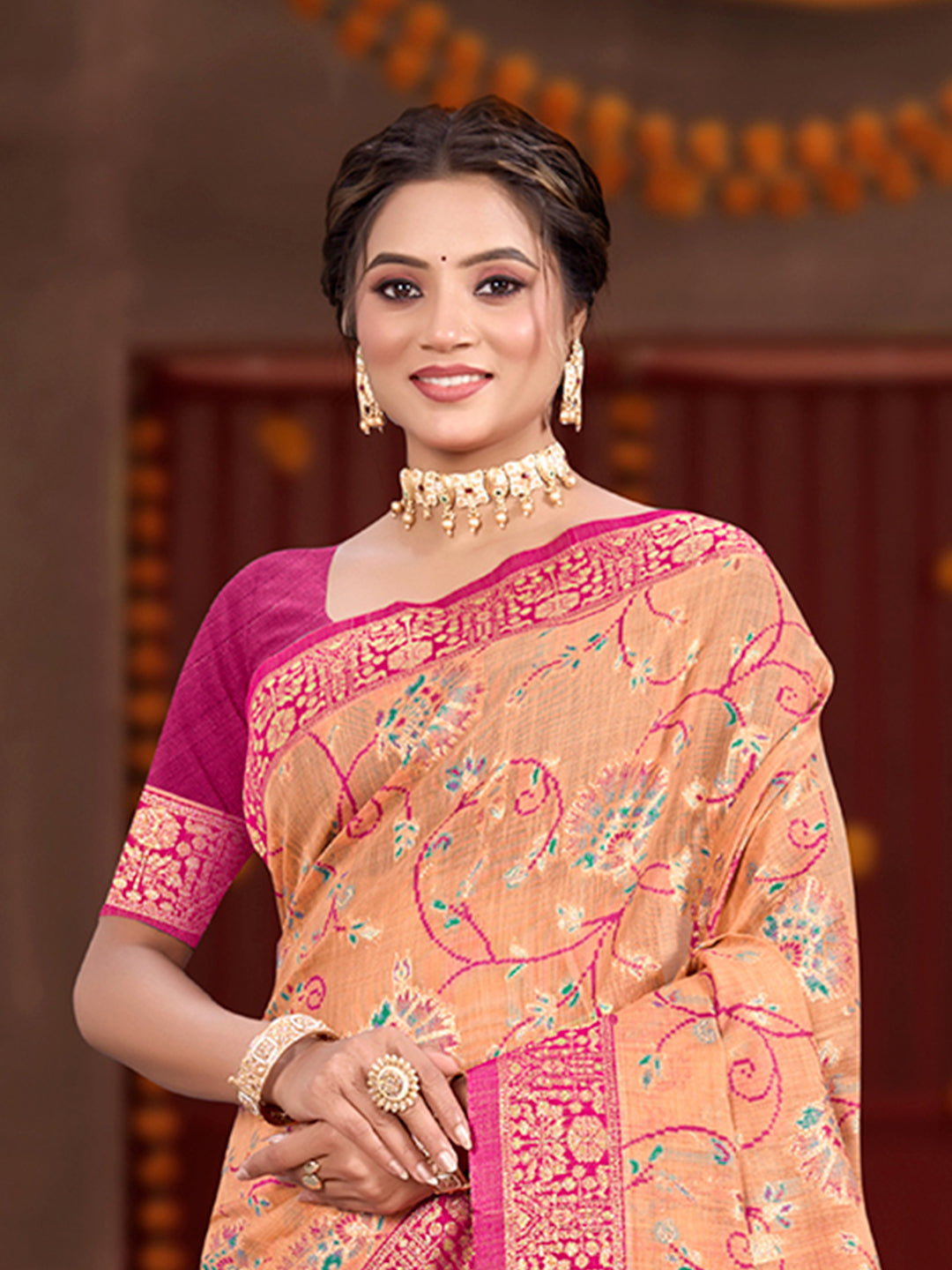 Sangam Prints Peach Cotton Silk With Meena Woven Work Traditional Saree | Grocsy