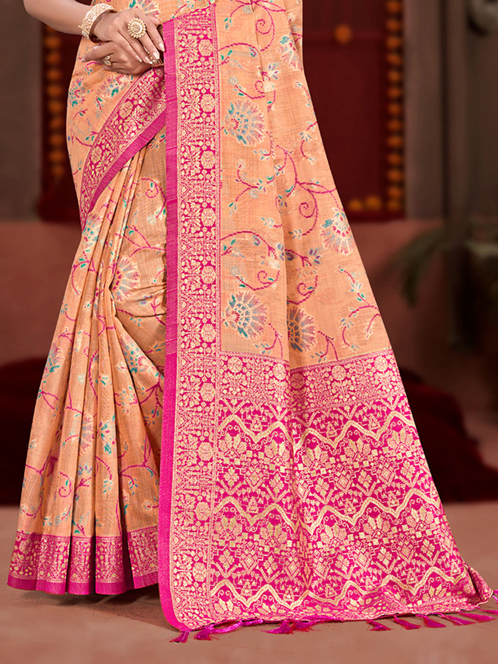 Sangam Prints Peach Cotton Silk With Meena Woven Work Traditional Saree | Grocsy