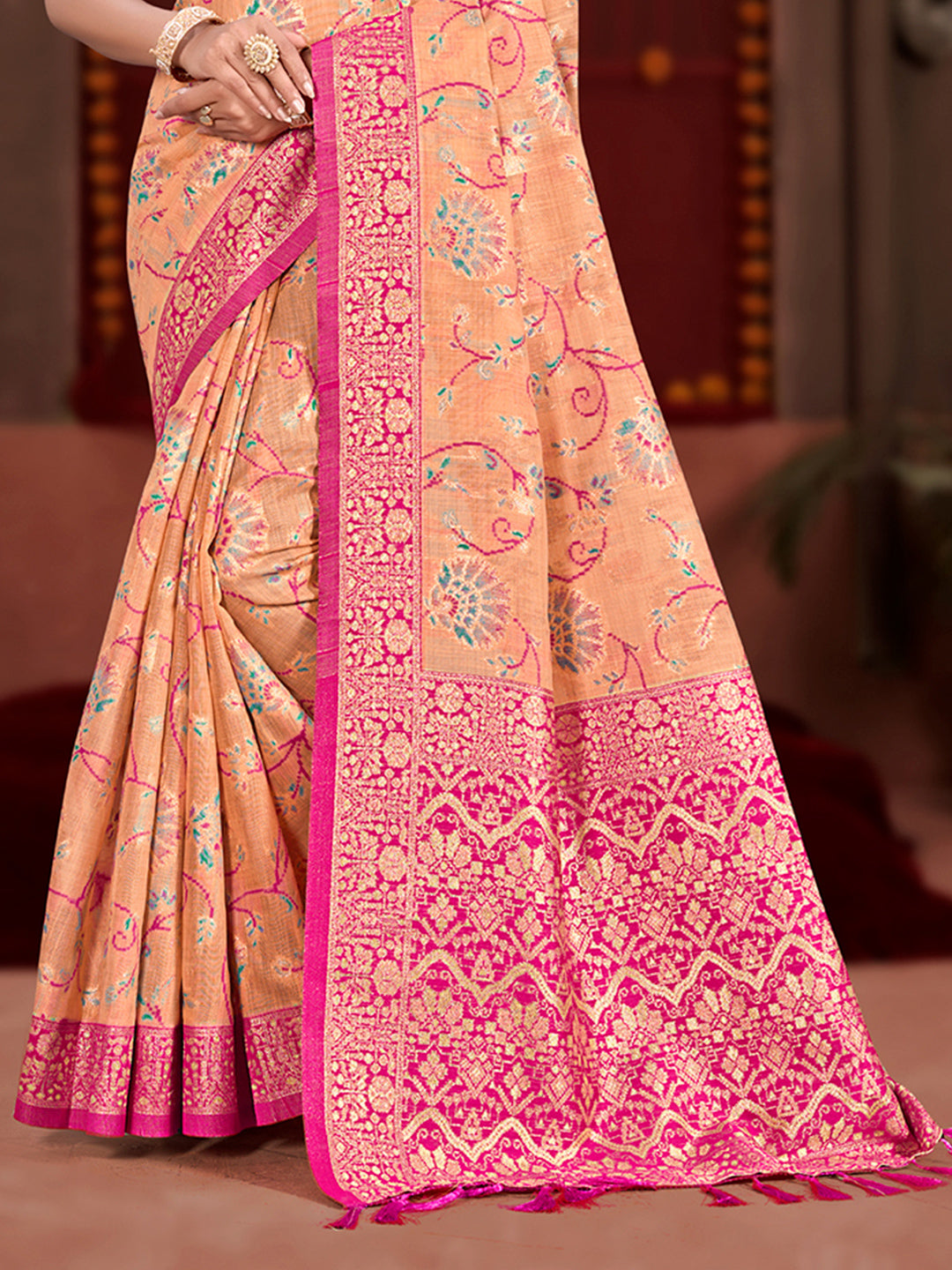 Sangam Prints Peach Cotton Silk With Meena Woven Work Traditional Saree | Grocsy