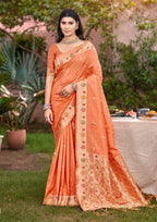 Sangam Prints Orange Heavy Assam Silk Saree With Meena Woven Work Traditional Saree | Grocsy