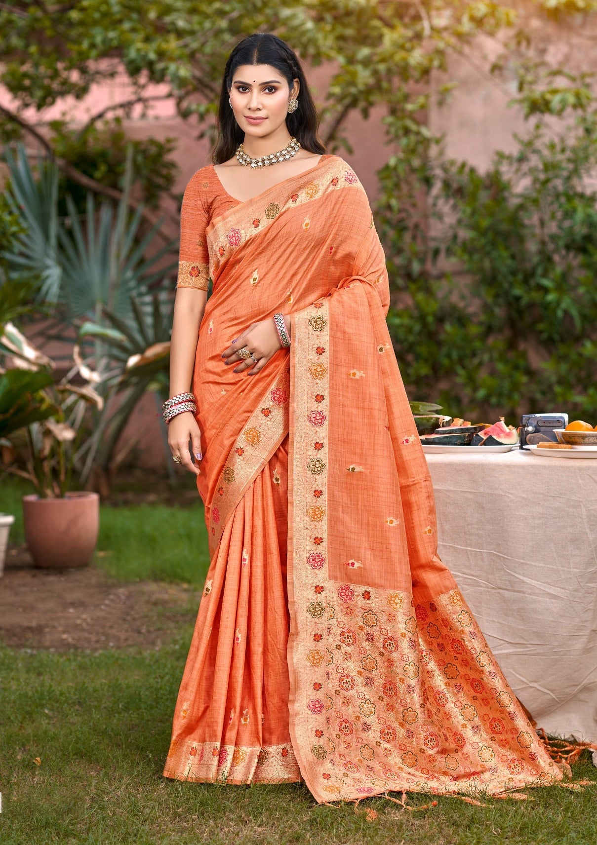 Sangam Prints Orange Heavy Assam Silk Saree With Meena Woven Work Traditional Saree | Grocsy