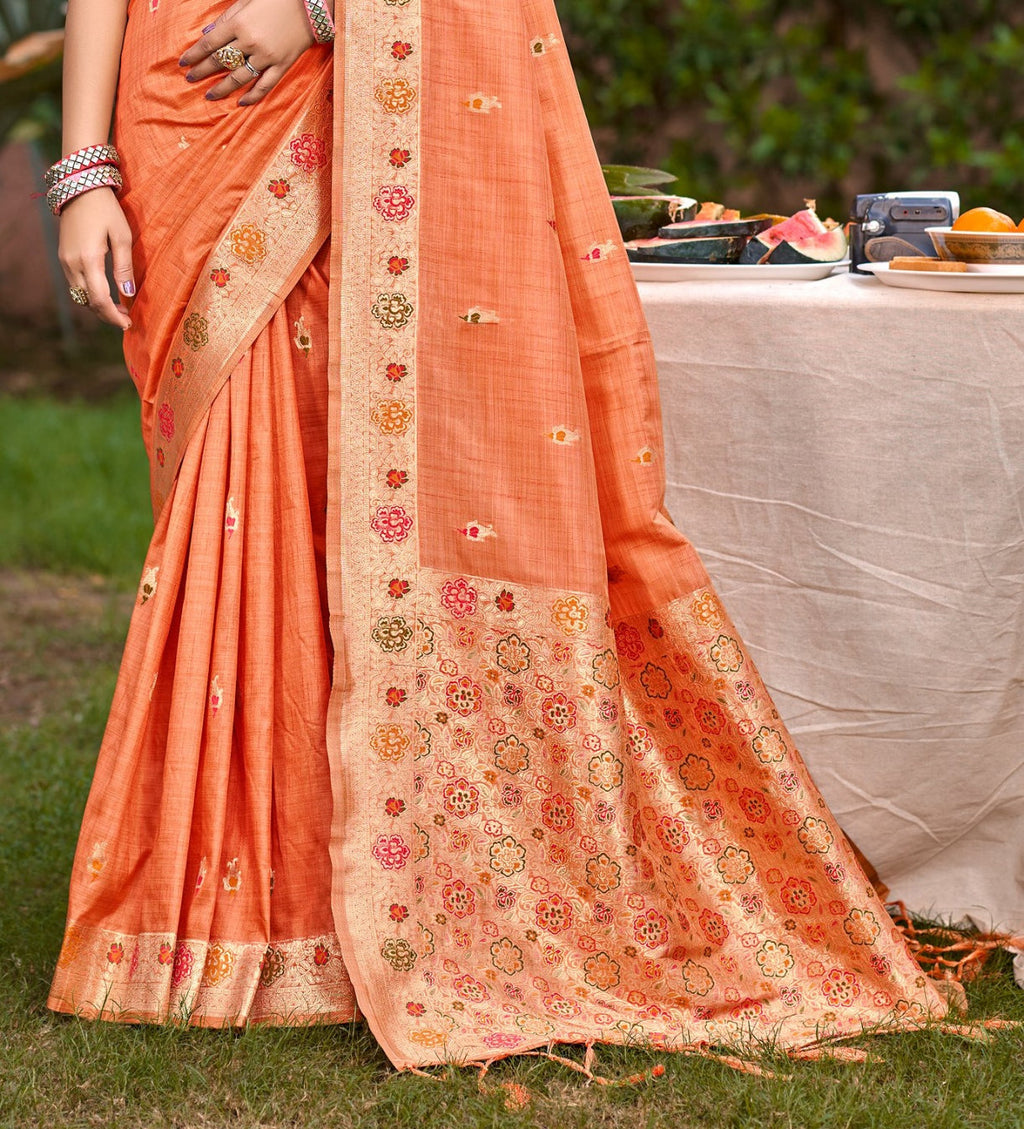 Sangam Prints Orange Heavy Assam Silk Saree With Meena Woven Work Traditional Saree | Grocsy