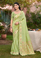 Sangam Prints Lite Green Heavy Assam Silk Saree With Meena Woven Work Traditional Saree | Grocsy